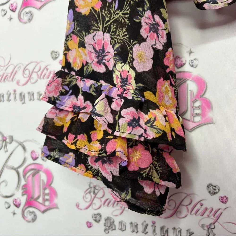 Free people blouse floral flowers rainbow 🌈 mixture neon bow tie ribbon 🎀 - Picture 11 of 14